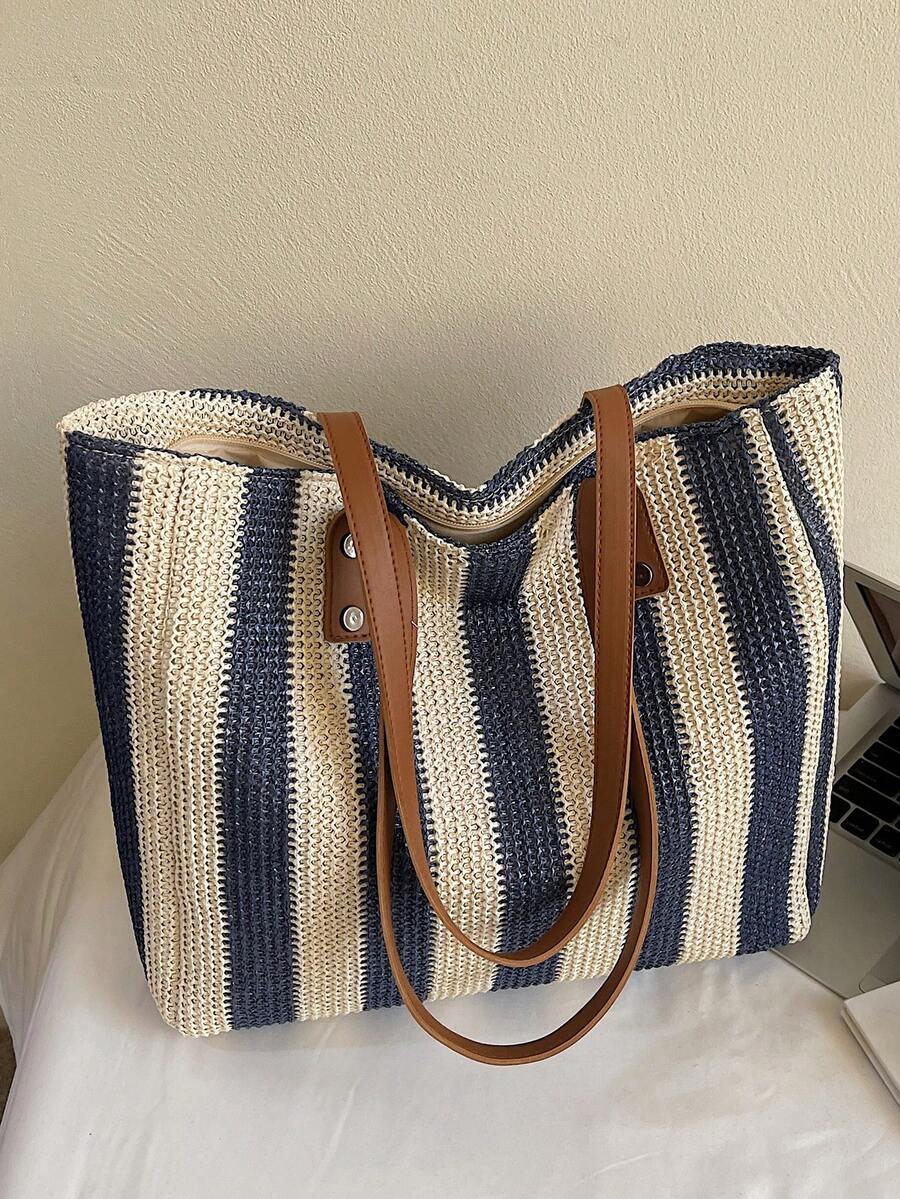 1pc Large Capacity Casual Rainbow Shoulder Tote Bag, Suitable For Outdoor Travel, Beach, With Big Pockets, New Style