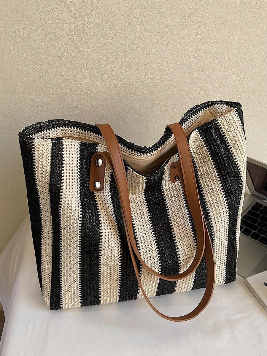 1pc Large Capacity Casual Rainbow Shoulder Tote Bag, Suitable For Outdoor Travel, Beach, With Big Pockets, New Style