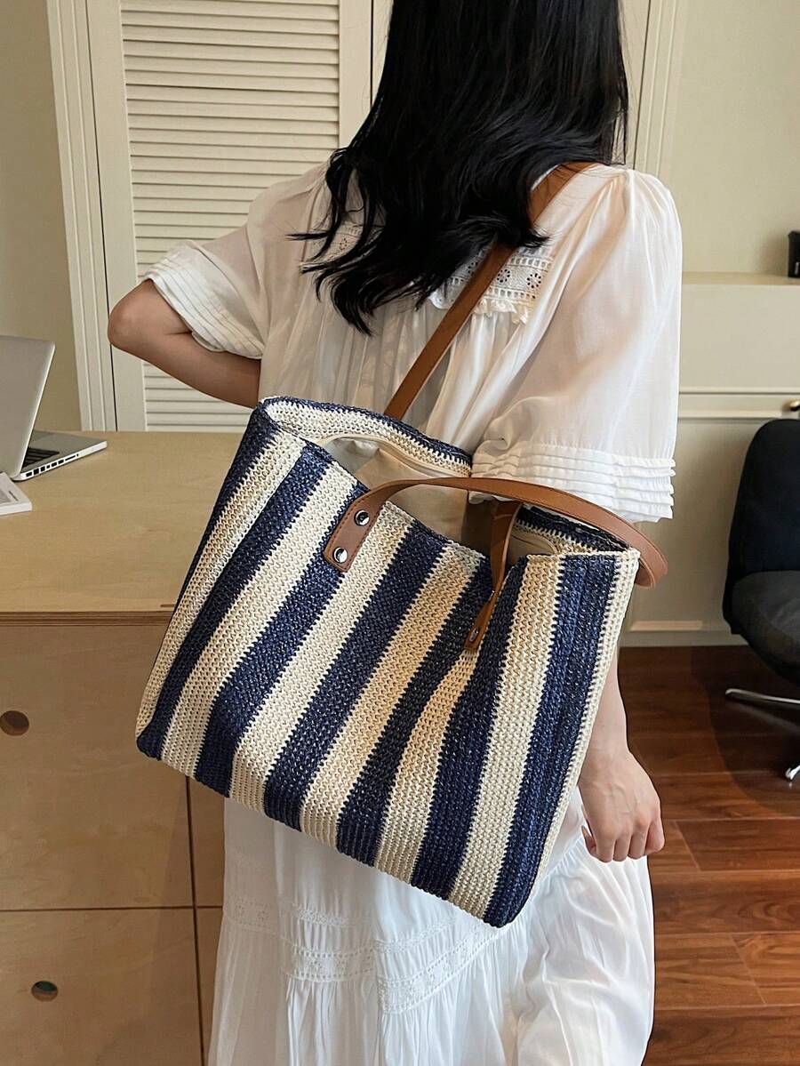1pc Large Capacity Casual Rainbow Shoulder Tote Bag, Suitable For Outdoor Travel, Beach, With Big Pockets, New Style