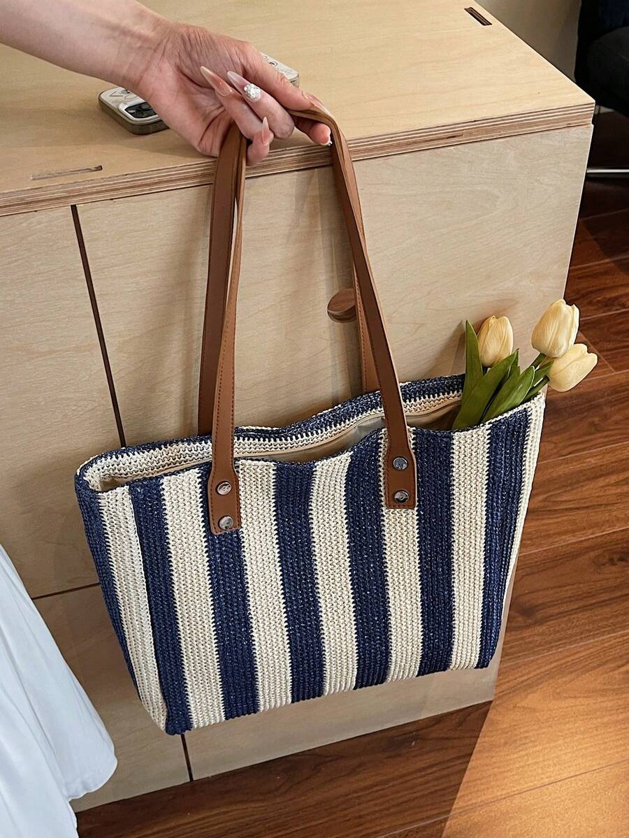 1pc Large Capacity Casual Rainbow Shoulder Tote Bag, Suitable For Outdoor Travel, Beach, With Big Pockets, New Style