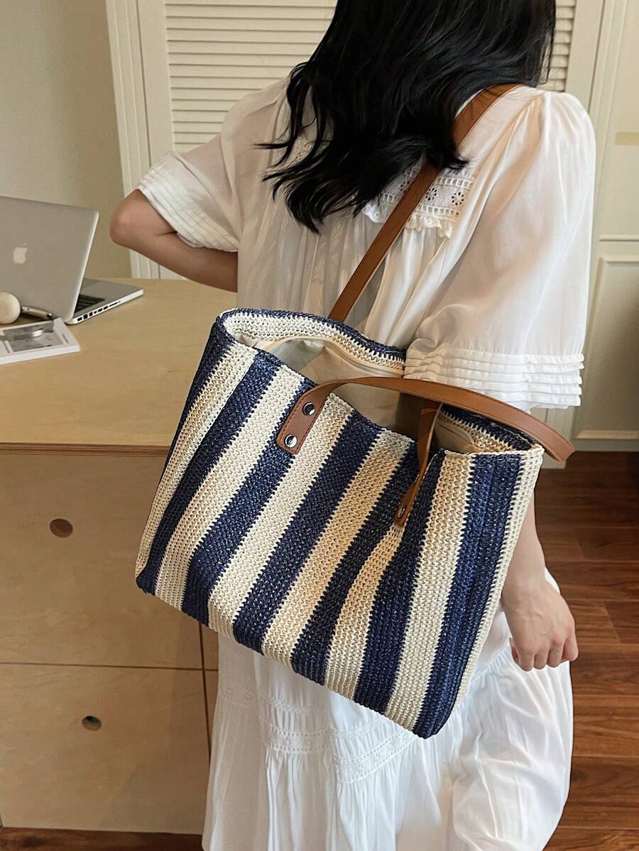1pc Large Capacity Casual Rainbow Shoulder Tote Bag, Suitable For Outdoor Travel, Beach, With Big Pockets, New Style