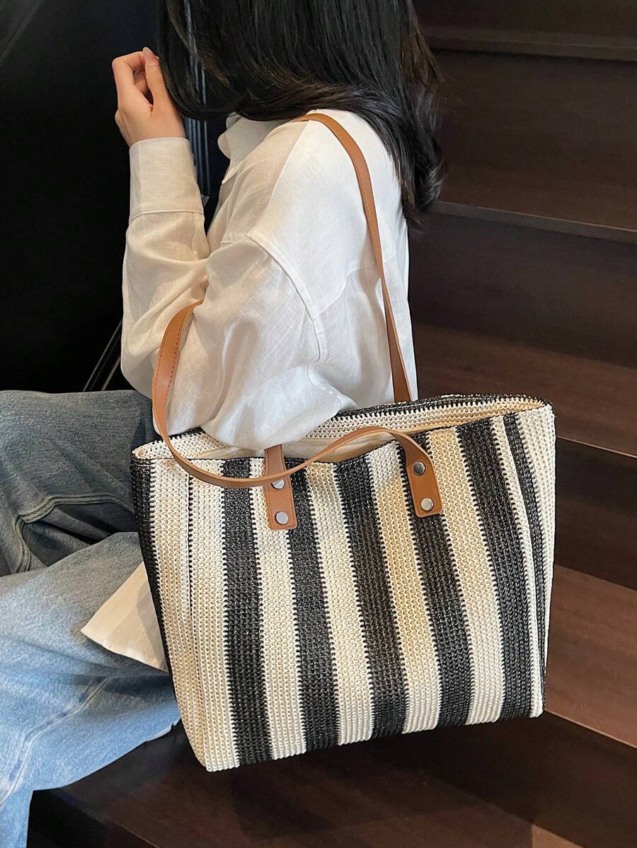 1pc Large Capacity Casual Rainbow Shoulder Tote Bag, Suitable For Outdoor Travel, Beach, With Big Pockets, New Style