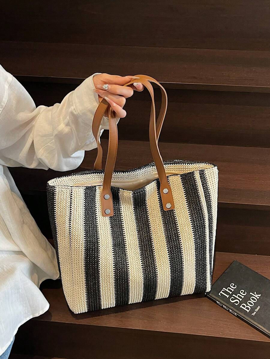 1pc Large Capacity Casual Rainbow Shoulder Tote Bag, Suitable For Outdoor Travel, Beach, With Big Pockets, New Style