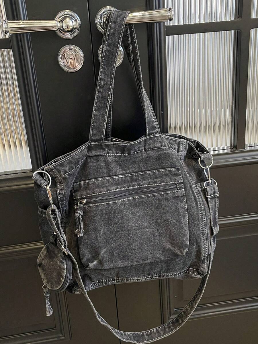 New Fashion Casual Chic Soft Jeans Multi-Pocket Tote Bag With Coin Purse, Solid Color Large Capacity Shoulder Bag, Literary Style College Student Crossbody Schoolbag, Suitable For Work Commute, Shoppi