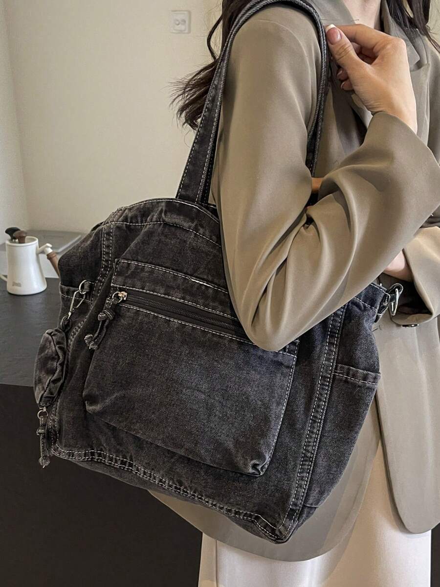 New Fashion Casual Chic Soft Jeans Multi-Pocket Tote Bag With Coin Purse, Solid Color Large Capacity Shoulder Bag, Literary Style College Student Crossbody Schoolbag, Suitable For Work Commute, Shoppi