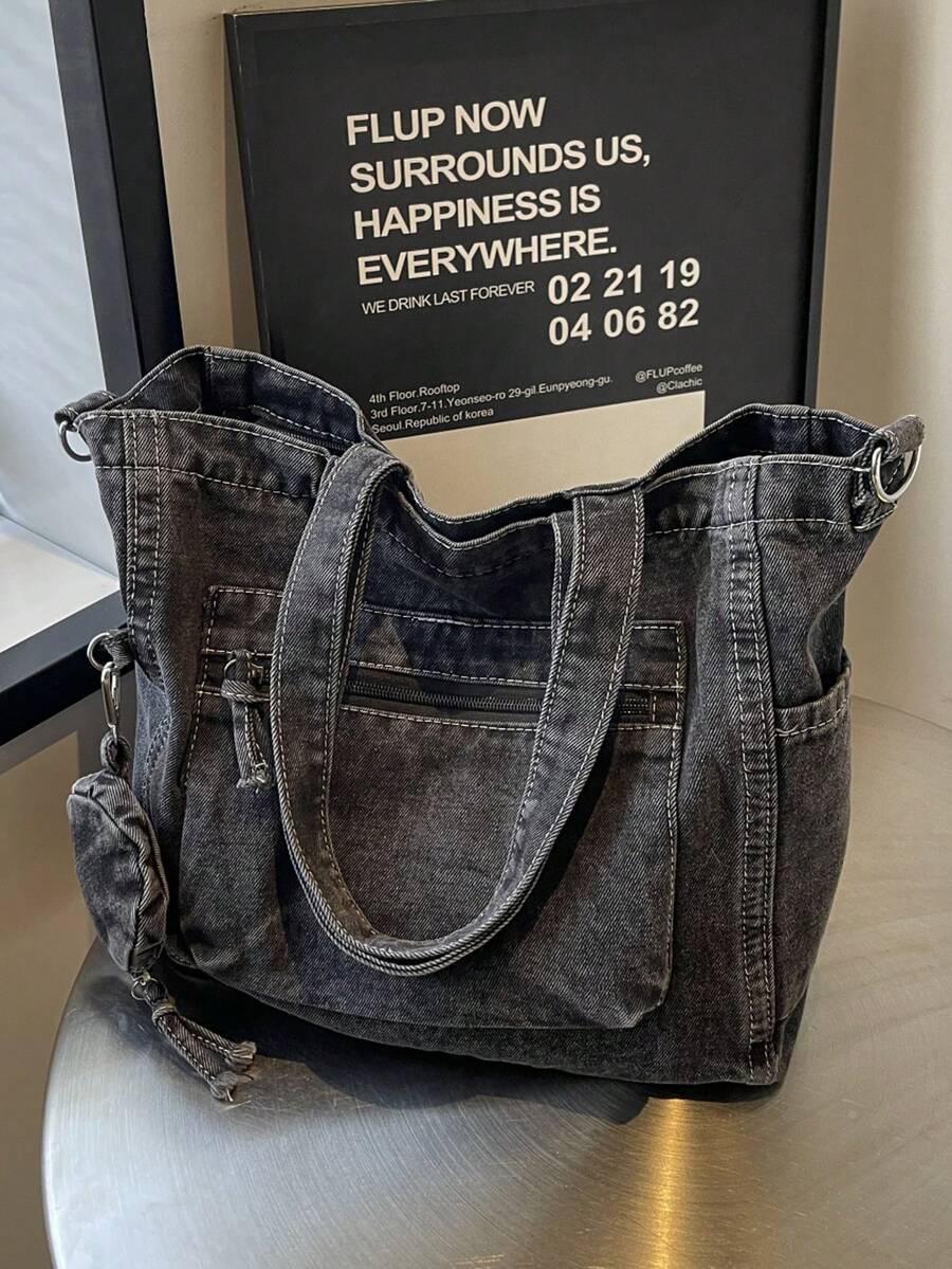 New Fashion Casual Chic Soft Jeans Multi-Pocket Tote Bag With Coin Purse, Solid Color Large Capacity Shoulder Bag, Literary Style College Student Crossbody Schoolbag, Suitable For Work Commute, Shoppi