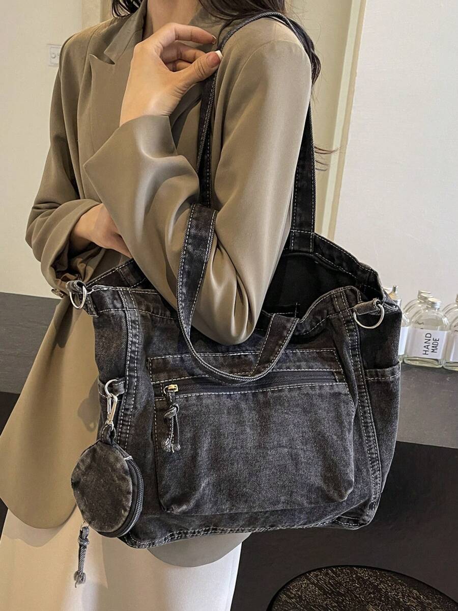 New Fashion Casual Chic Soft Jeans Multi-Pocket Tote Bag With Coin Purse, Solid Color Large Capacity Shoulder Bag, Literary Style College Student Crossbody Schoolbag, Suitable For Work Commute, Shoppi