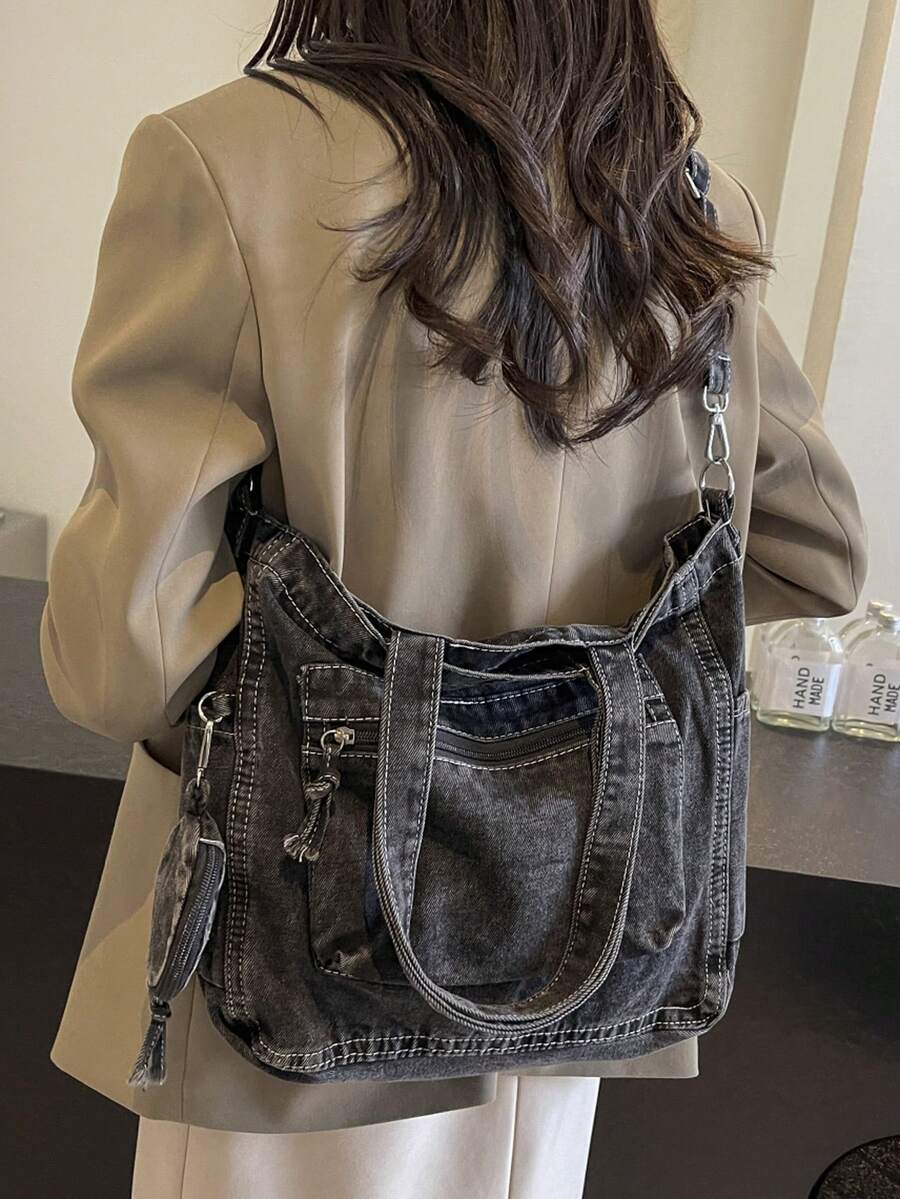 New Fashion Casual Chic Soft Jeans Multi-Pocket Tote Bag With Coin Purse, Solid Color Large Capacity Shoulder Bag, Literary Style College Student Crossbody Schoolbag, Suitable For Work Commute, Shoppi