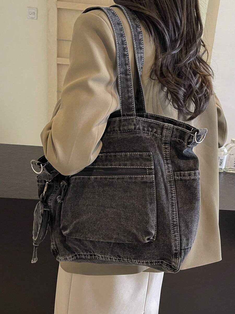 New Fashion Casual Chic Soft Jeans Multi-Pocket Tote Bag With Coin Purse, Solid Color Large Capacity Shoulder Bag, Literary Style College Student Crossbody Schoolbag, Suitable For Work Commute, Shoppi
