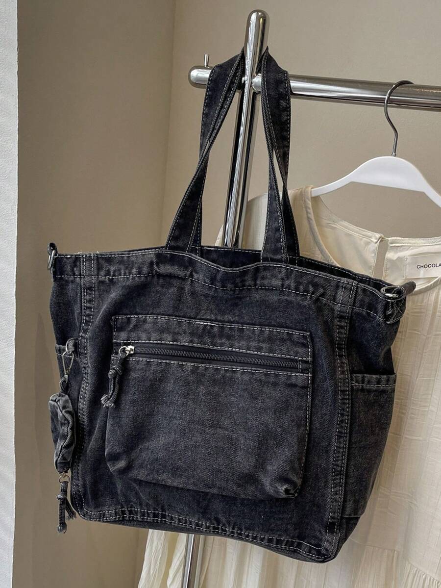 New Fashion Casual Chic Soft Jeans Multi-Pocket Tote Bag With Coin Purse, Solid Color Large Capacity Shoulder Bag, Literary Style College Student Crossbody Schoolbag, Suitable For Work Commute, Shoppi