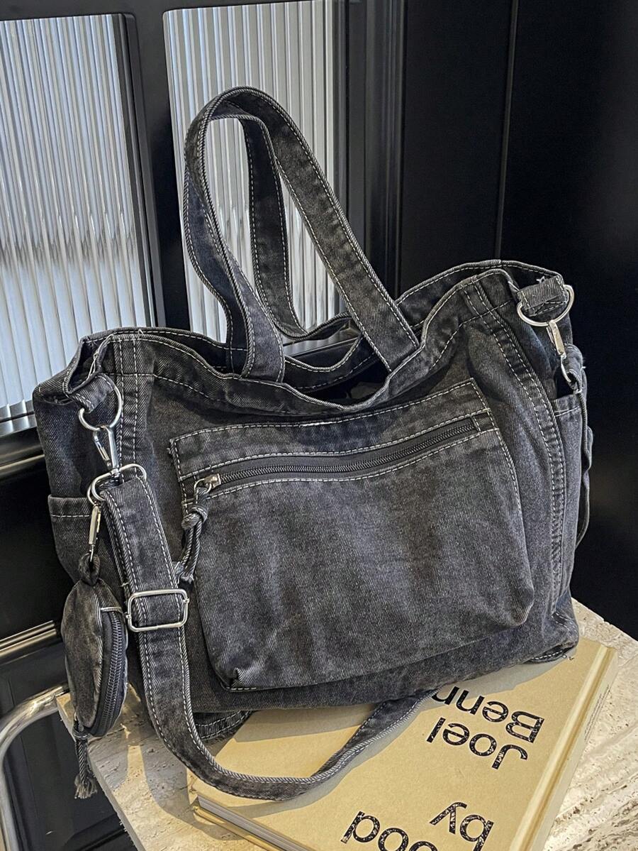 New Fashion Casual Chic Soft Jeans Multi-Pocket Tote Bag With Coin Purse, Solid Color Large Capacity Shoulder Bag, Literary Style College Student Crossbody Schoolbag, Suitable For Work Commute, Shoppi