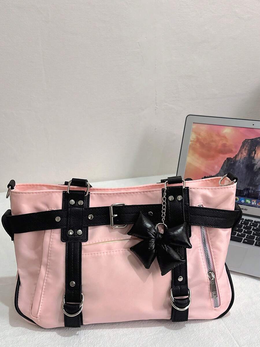 2024 New Student Handbag Women Large Capacity Shoulder Crossbody Bag Cute Motorcycle Bag Minimalist Design Commuter Tote
