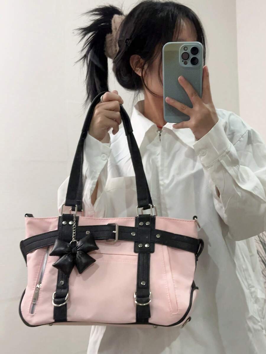 2024 New Student Handbag Women Large Capacity Shoulder Crossbody Bag Cute Motorcycle Bag Minimalist Design Commuter Tote