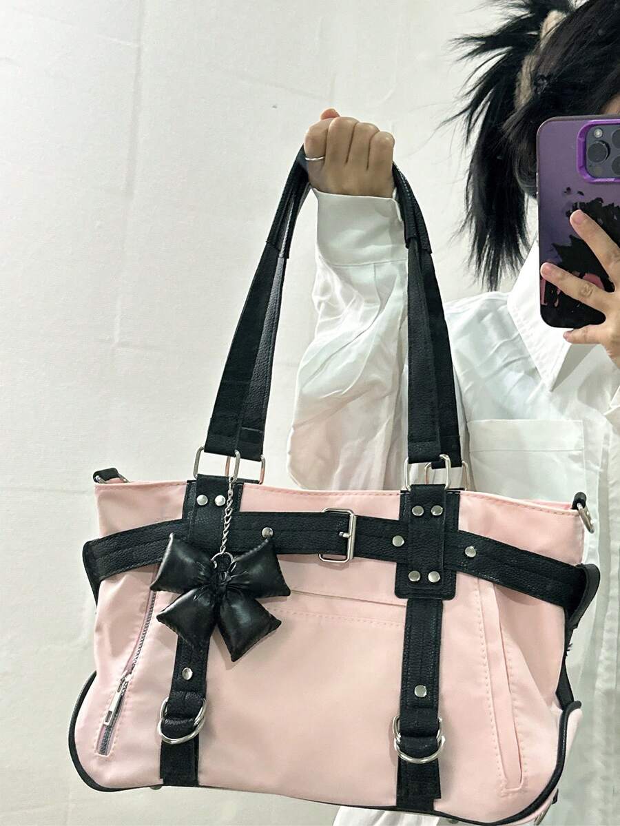 2024 New Student Handbag Women Large Capacity Shoulder Crossbody Bag Cute Motorcycle Bag Minimalist Design Commuter Tote