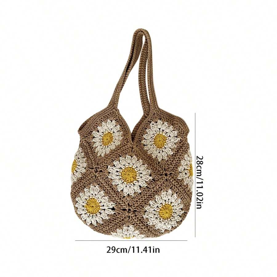 Women's Handwoven Crochet Floral Beach Shoulder Bag- Large Capacity Tote Handbag For Travel And Shopping