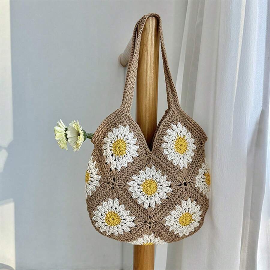 Women's Handwoven Crochet Floral Beach Shoulder Bag- Large Capacity Tote Handbag For Travel And Shopping