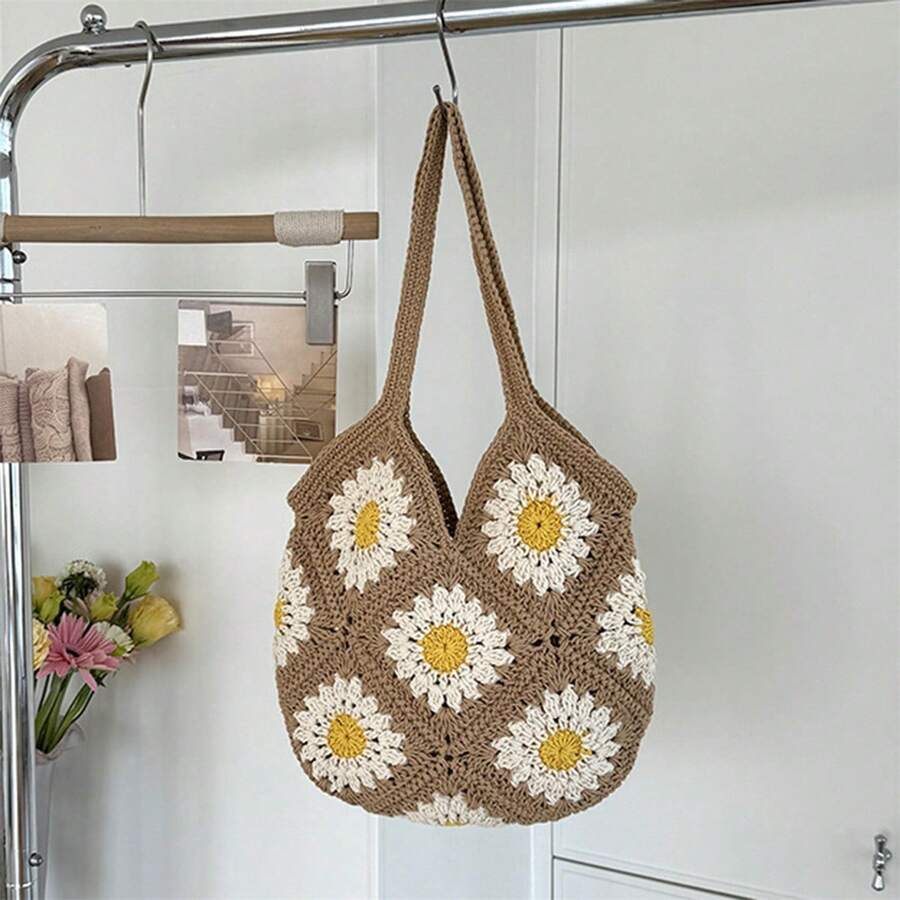Women's Handwoven Crochet Floral Beach Shoulder Bag- Large Capacity Tote Handbag For Travel And Shopping