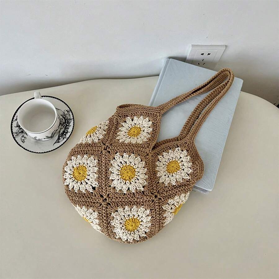 Women's Handwoven Crochet Floral Beach Shoulder Bag- Large Capacity Tote Handbag For Travel And Shopping