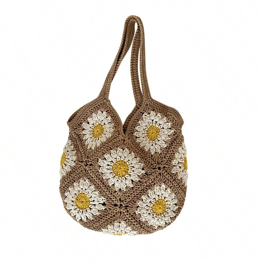 Women's Handwoven Crochet Floral Beach Shoulder Bag- Large Capacity Tote Handbag For Travel And Shopping