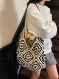 Women's Knitted Hollow Out Colorblock Large Capacity Tote Bag, Fashion Beach Resort Handbag, Summer Outfits, Crochet Bags