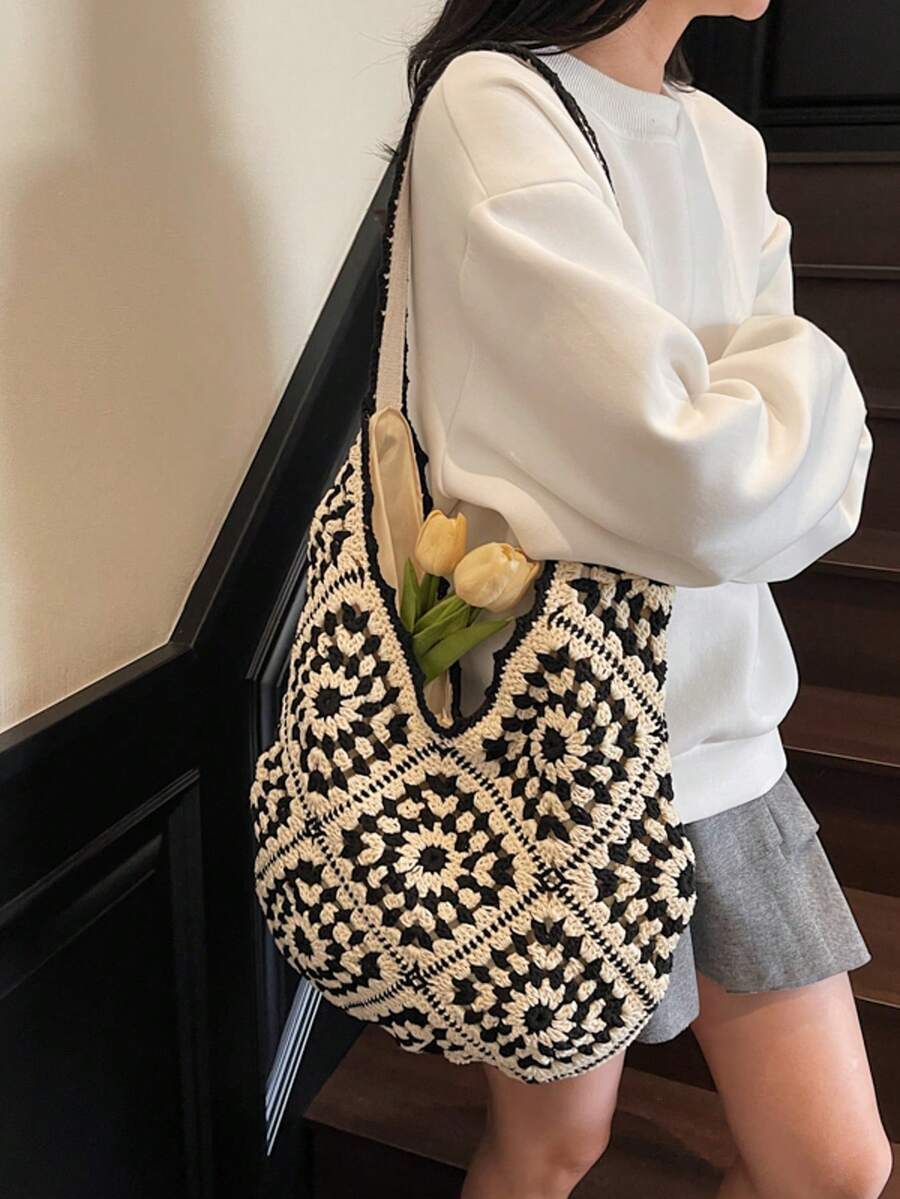 Women's Knitted Hollow Out Colorblock Large Capacity Tote Bag, Fashion Beach Resort Handbag, Summer Outfits, Crochet Bags