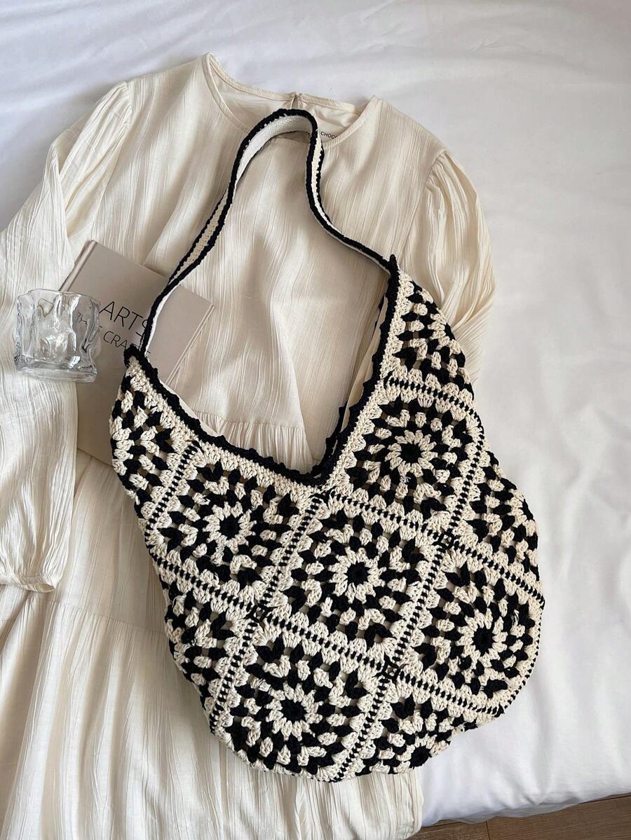 Women's Knitted Hollow Out Colorblock Large Capacity Tote Bag, Fashion Beach Resort Handbag, Summer Outfits, Crochet Bags