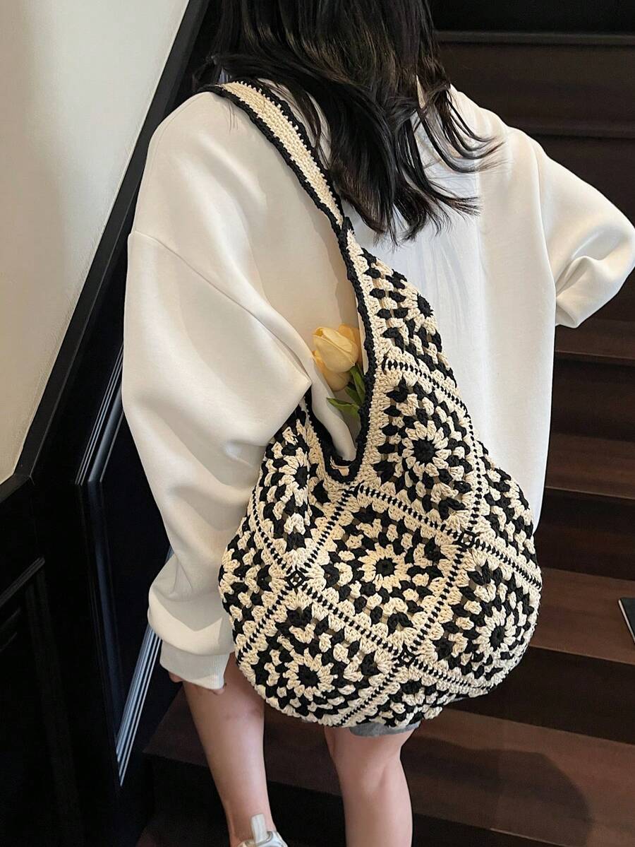 Women's Knitted Hollow Out Colorblock Large Capacity Tote Bag, Fashion Beach Resort Handbag, Summer Outfits, Crochet Bags
