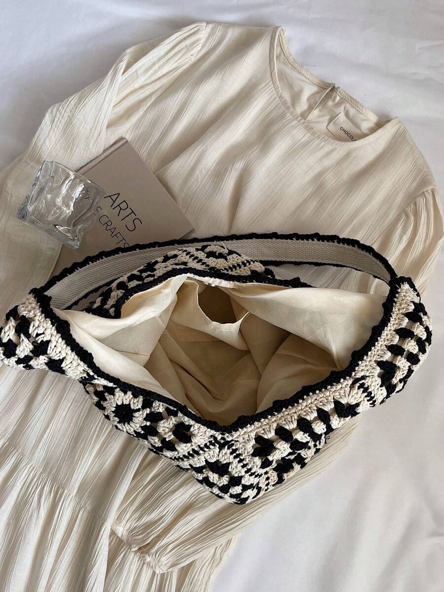 Women's Knitted Hollow Out Colorblock Large Capacity Tote Bag, Fashion Beach Resort Handbag, Summer Outfits, Crochet Bags