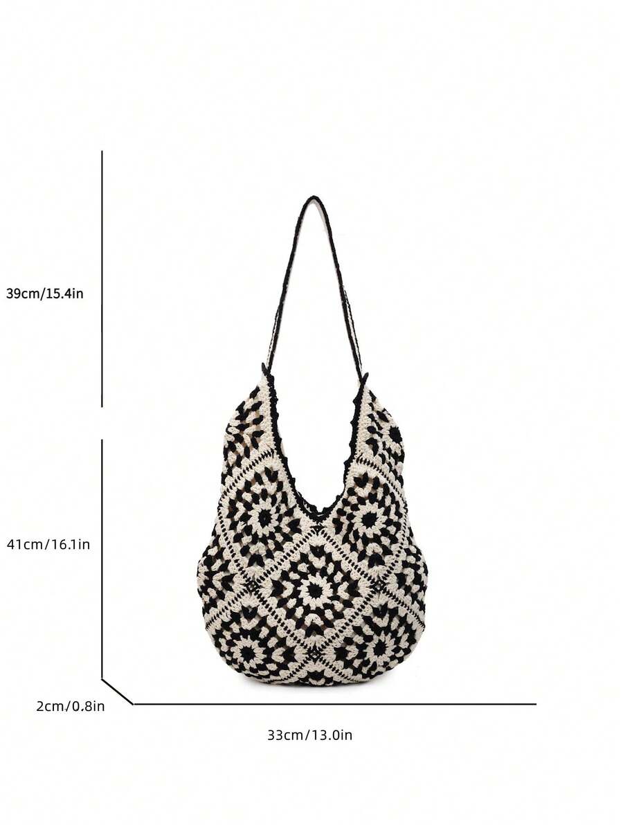 Women's Knitted Hollow Out Colorblock Large Capacity Tote Bag, Fashion Beach Resort Handbag, Summer Outfits, Crochet Bags