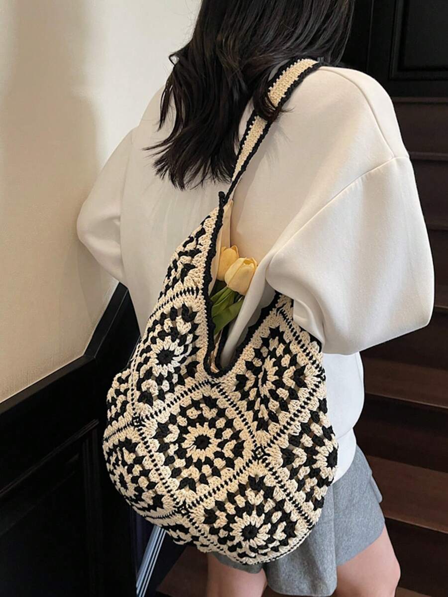 Women's Knitted Hollow Out Colorblock Large Capacity Tote Bag, Fashion Beach Resort Handbag, Summer Outfits, Crochet Bags