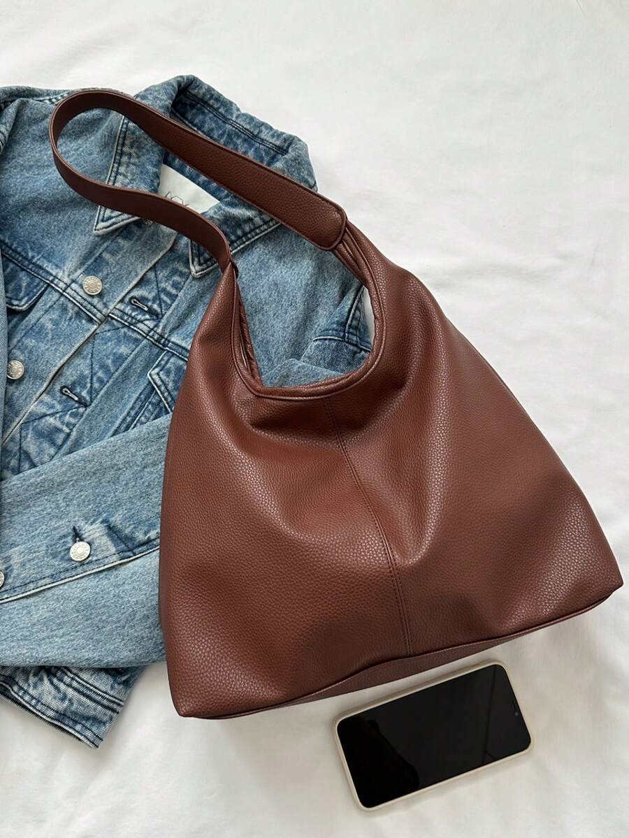 Coffee/Black Solid Color PU Large Capacity Magnetic Closure Casual Fashion Shoulder Tote Bag, Suitable For Daily Use By Girls
