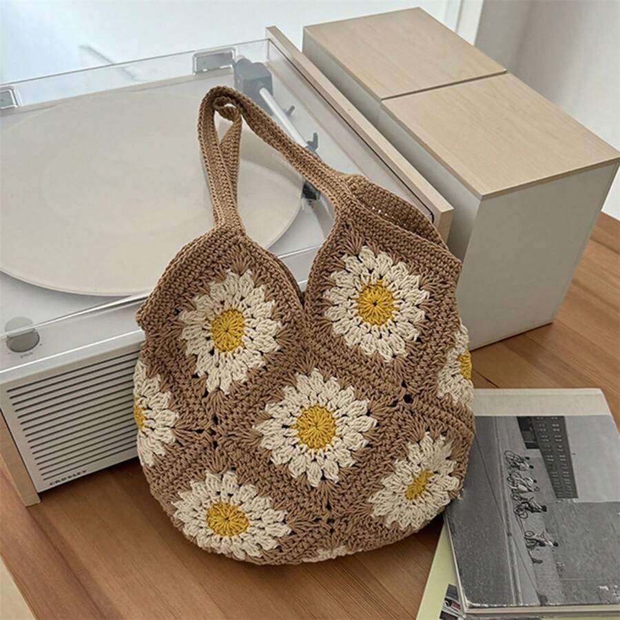 Women's Handwoven Crochet Floral Beach Shoulder Bag- Large Capacity Tote Handbag For Travel And Shopping