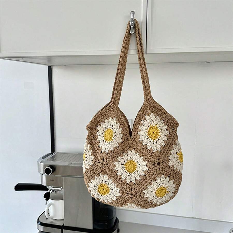 Women's Handwoven Crochet Floral Beach Shoulder Bag- Large Capacity Tote Handbag For Travel And Shopping