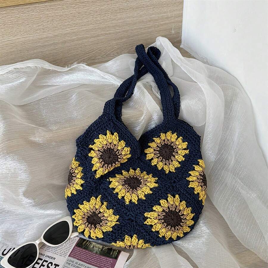 Women's Handwoven Crochet Floral Beach Shoulder Bag- Large Capacity Tote Handbag For Travel And Shopping
