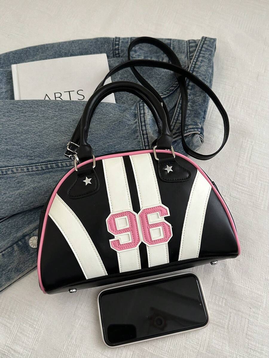 Bowling Ball Tote Bag, Crescent Shape Bag With Metallic Star Rivets, Dumpling Textured Women Handbag, New Fashion Letter Contrast Stitching Shell Crossbody Bag, Women Small Daily Shoulder Messenger Ba