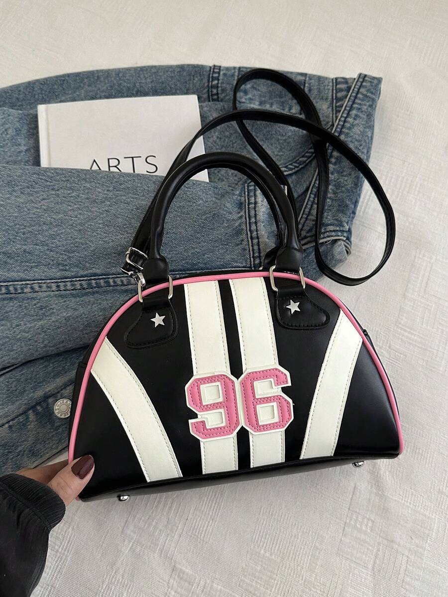 Bowling Ball Tote Bag, Crescent Shape Bag With Metallic Star Rivets, Dumpling Textured Women Handbag, New Fashion Letter Contrast Stitching Shell Crossbody Bag, Women Small Daily Shoulder Messenger Ba