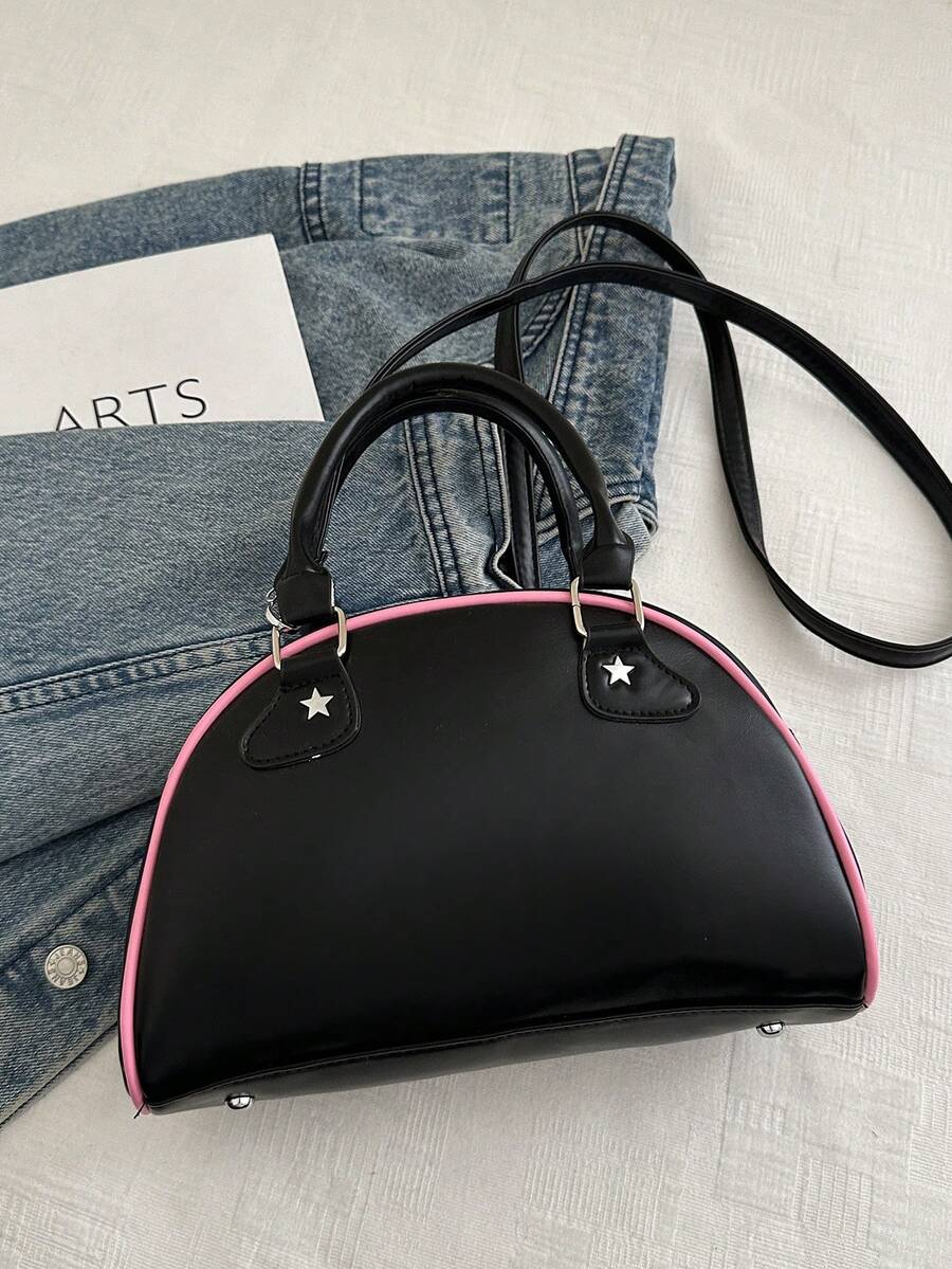 Bowling Ball Tote Bag, Crescent Shape Bag With Metallic Star Rivets, Dumpling Textured Women Handbag, New Fashion Letter Contrast Stitching Shell Crossbody Bag, Women Small Daily Shoulder Messenger Ba