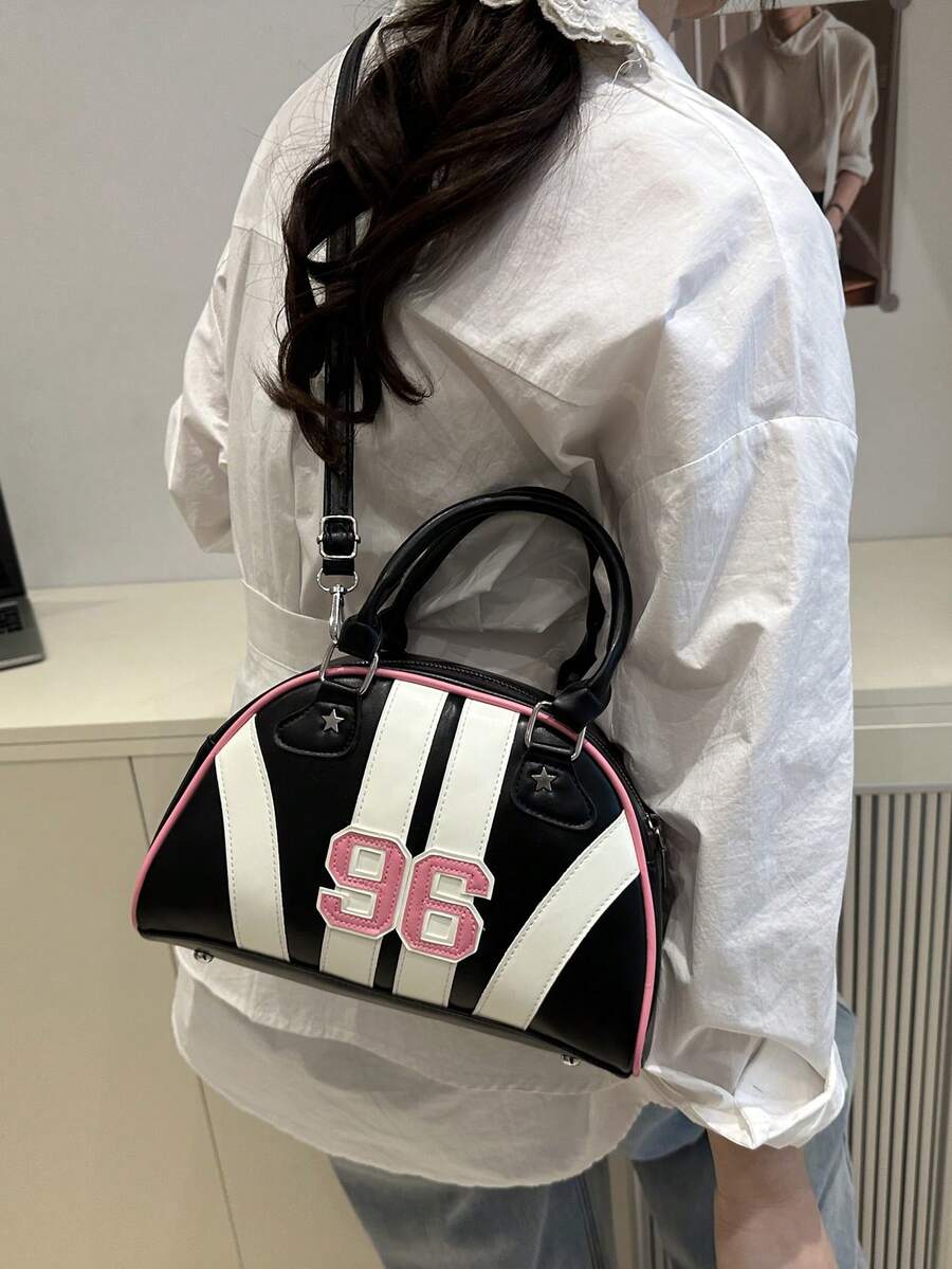 Bowling Ball Tote Bag, Crescent Shape Bag With Metallic Star Rivets, Dumpling Textured Women Handbag, New Fashion Letter Contrast Stitching Shell Crossbody Bag, Women Small Daily Shoulder Messenger Ba
