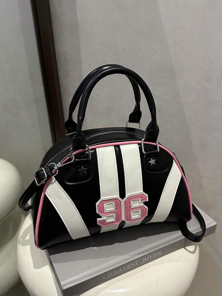 Bowling Ball Tote Bag, Crescent Shape Bag With Metallic Star Rivets, Dumpling Textured Women Handbag, New Fashion Letter Contrast Stitching Shell Crossbody Bag, Women Small Daily Shoulder Messenger Ba