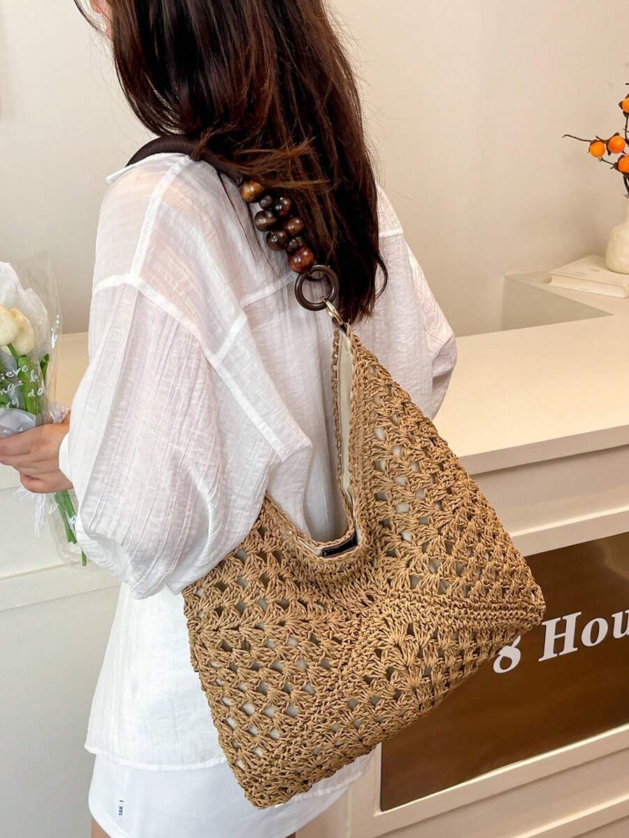 Dedoo Large Capacity Hollow Straw Tote Bag, Bohemian Style Woven Shoulder Bag, Casual Retro Romantic Tricolor Diagonal Geometric Pattern, Suitable For Travel, Beach, Summer Outings, Shopping