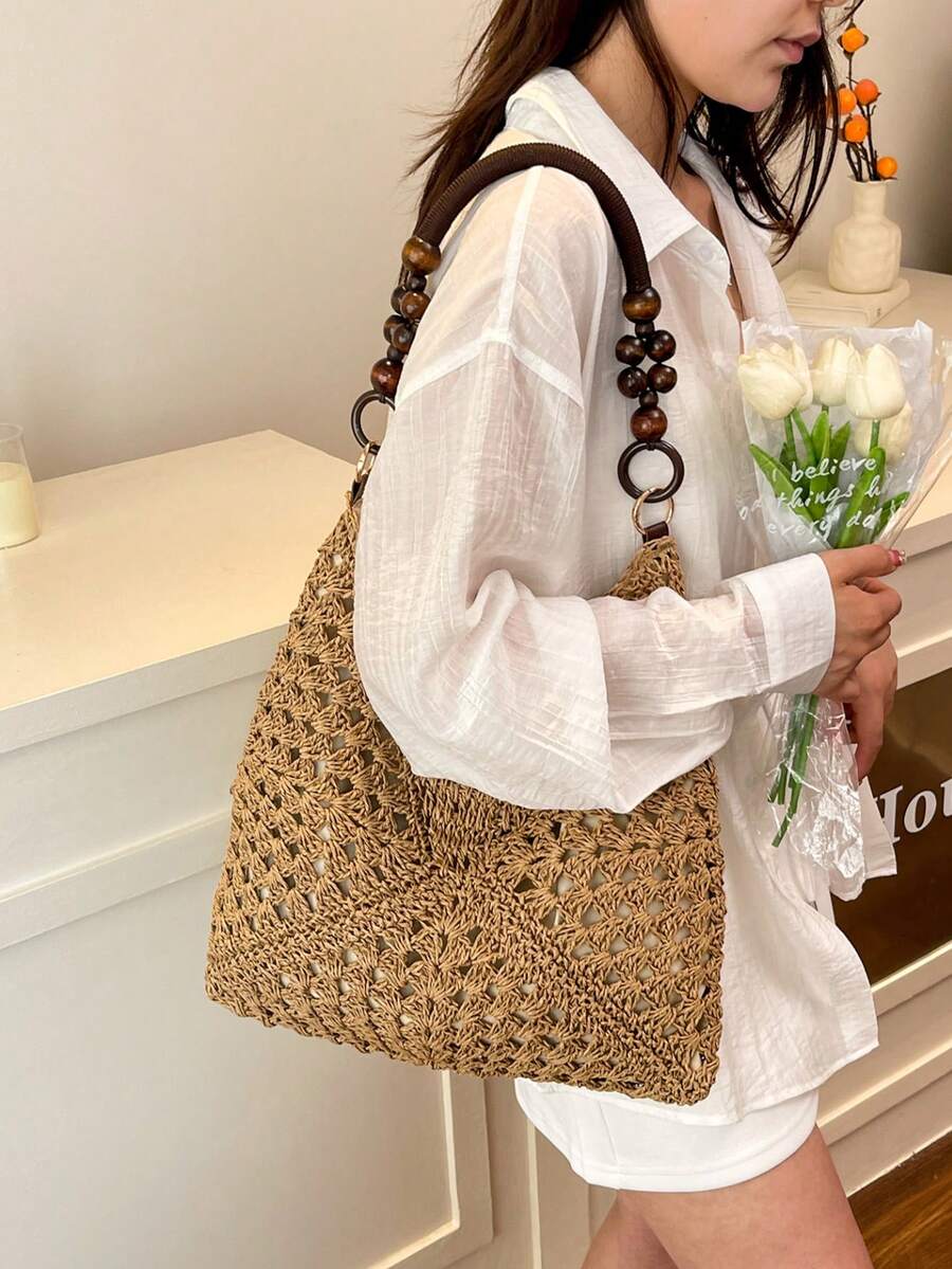 Dedoo Large Capacity Hollow Straw Tote Bag, Bohemian Style Woven Shoulder Bag, Casual Retro Romantic Tricolor Diagonal Geometric Pattern, Suitable For Travel, Beach, Summer Outings, Shopping