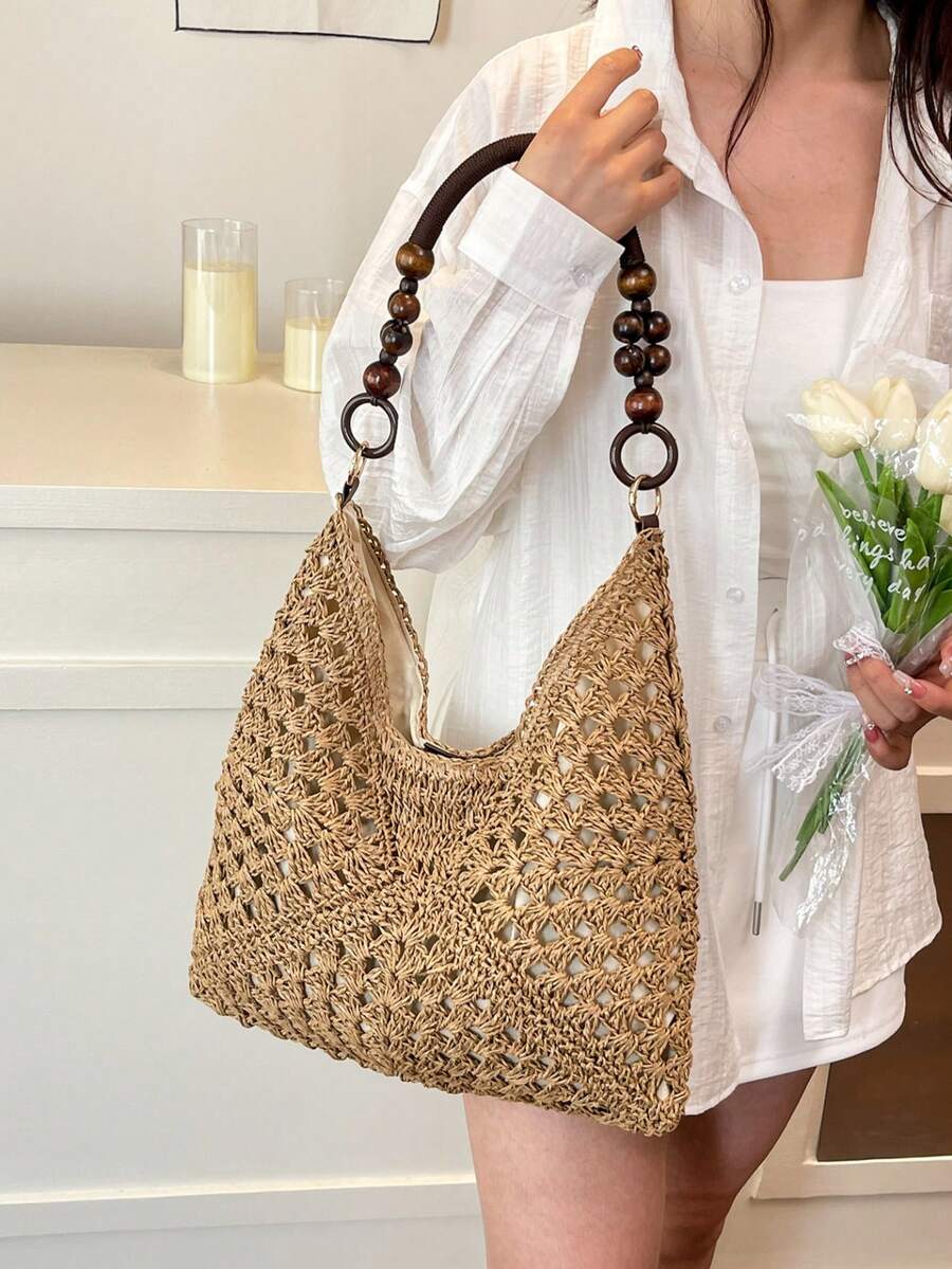 Dedoo Large Capacity Hollow Straw Tote Bag, Bohemian Style Woven Shoulder Bag, Casual Retro Romantic Tricolor Diagonal Geometric Pattern, Suitable For Travel, Beach, Summer Outings, Shopping