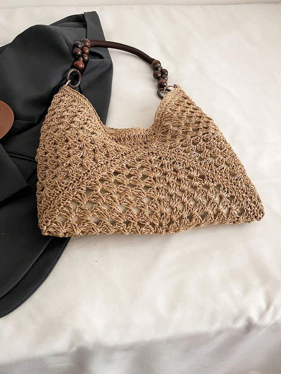 Dedoo Large Capacity Hollow Straw Tote Bag, Bohemian Style Woven Shoulder Bag, Casual Retro Romantic Tricolor Diagonal Geometric Pattern, Suitable For Travel, Beach, Summer Outings, Shopping
