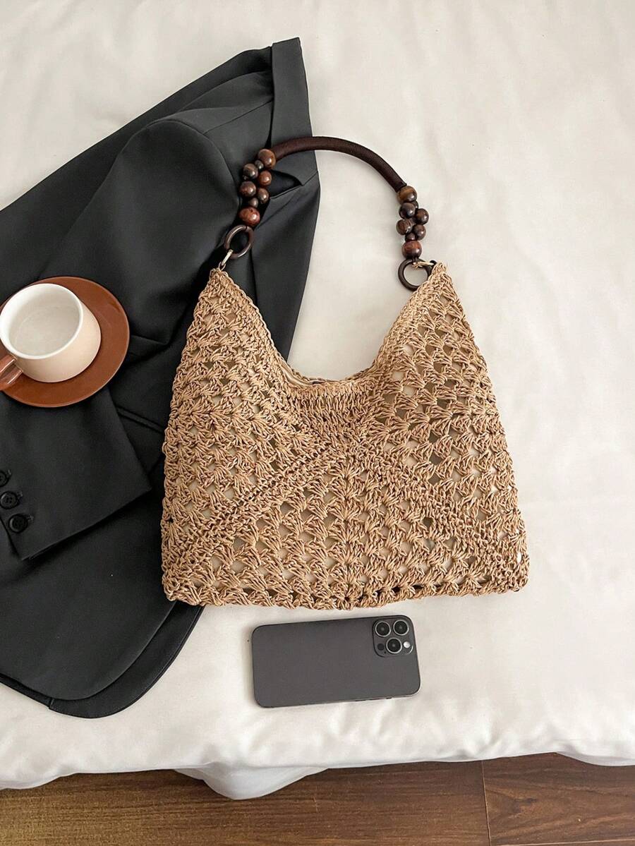 Dedoo Large Capacity Hollow Straw Tote Bag, Bohemian Style Woven Shoulder Bag, Casual Retro Romantic Tricolor Diagonal Geometric Pattern, Suitable For Travel, Beach, Summer Outings, Shopping