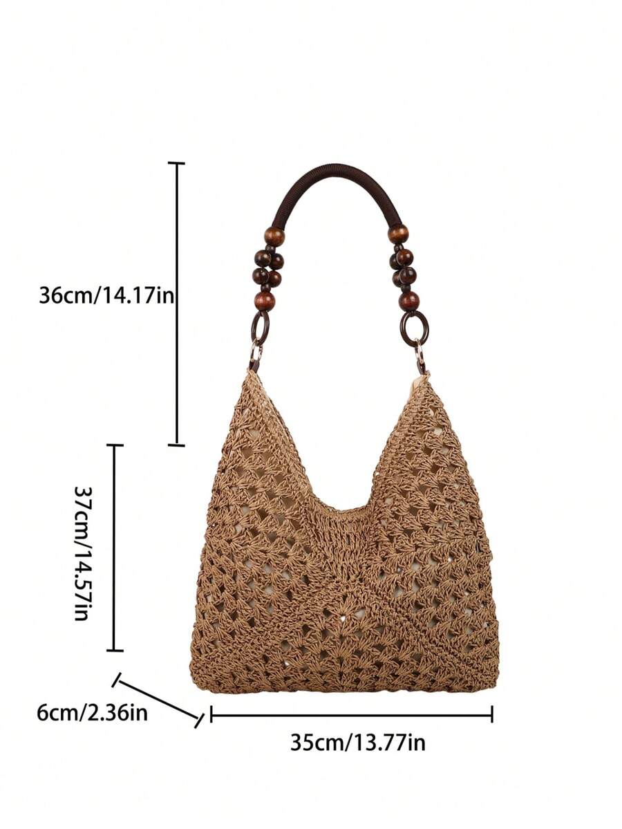 Dedoo Large Capacity Hollow Straw Tote Bag, Bohemian Style Woven Shoulder Bag, Casual Retro Romantic Tricolor Diagonal Geometric Pattern, Suitable For Travel, Beach, Summer Outings, Shopping