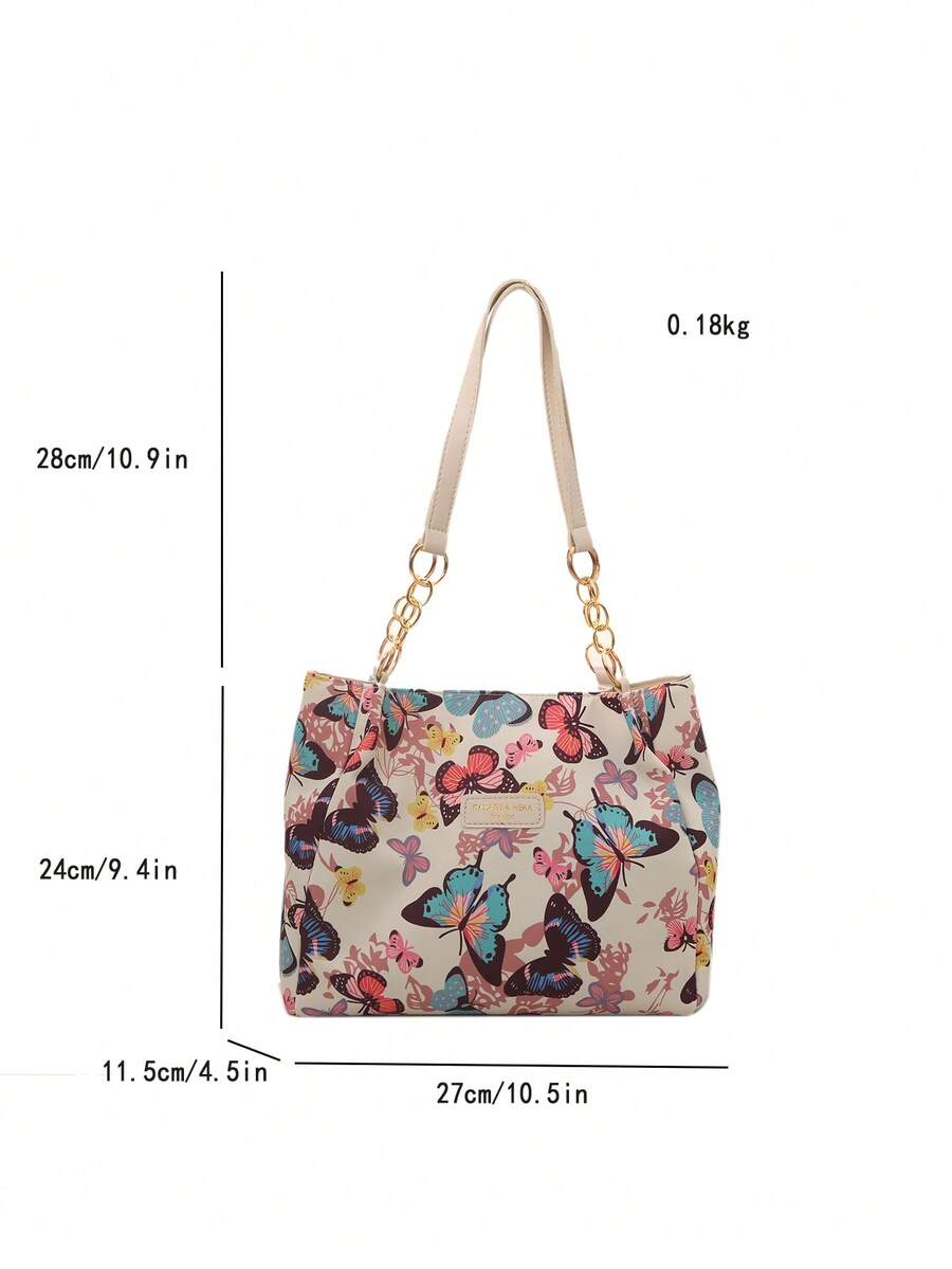 Fashionable Striped Handbag- Women Large Capacity Shoulder Bag- Zipper Tote Bag For Daily Use- Metal Chain Tote Bag- Waterproof Nylon Material Colorful Butterfly Pattern- Back To School Student B