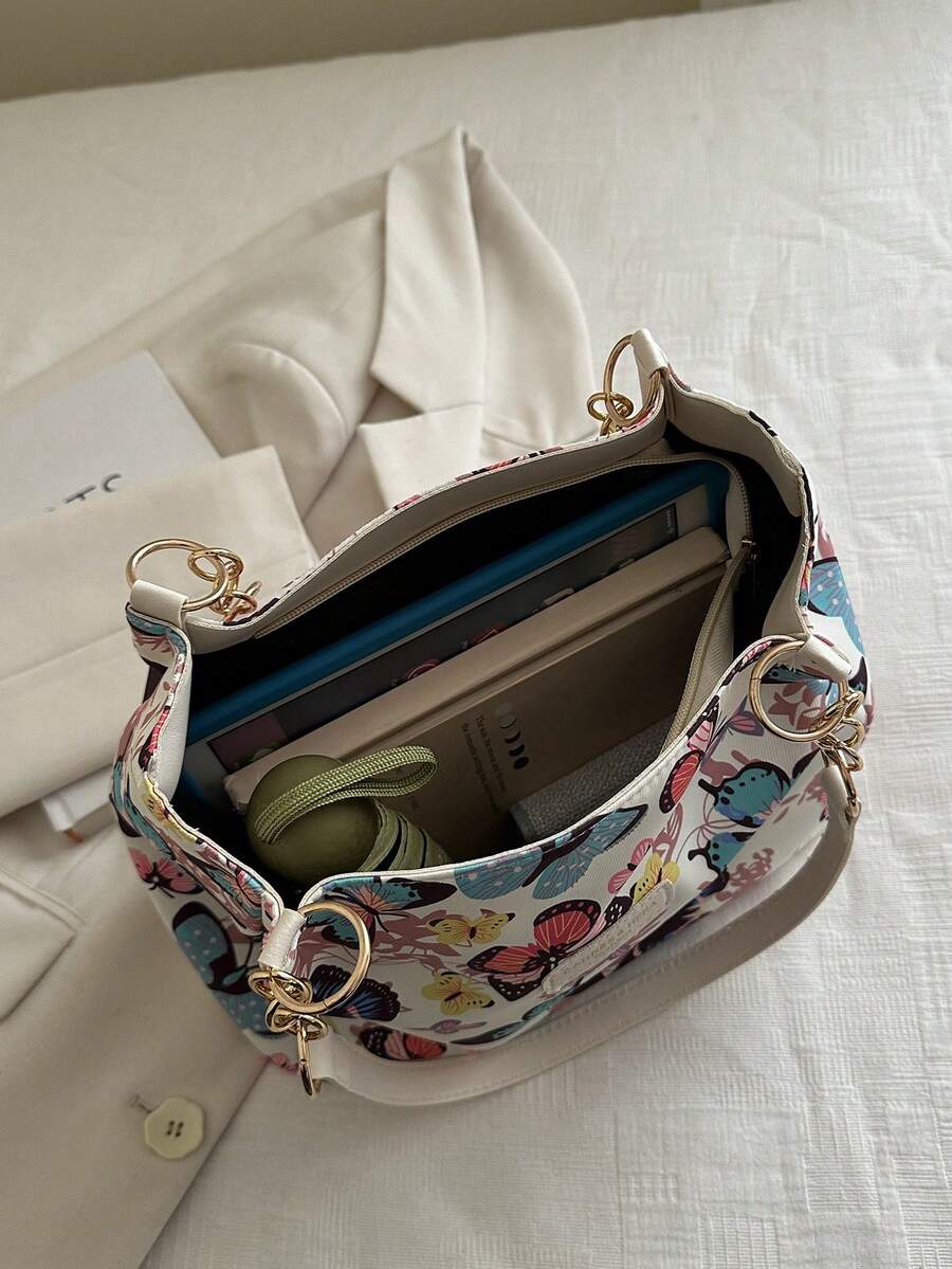 Fashionable Striped Handbag- Women Large Capacity Shoulder Bag- Zipper Tote Bag For Daily Use- Metal Chain Tote Bag- Waterproof Nylon Material Colorful Butterfly Pattern- Back To School Student B