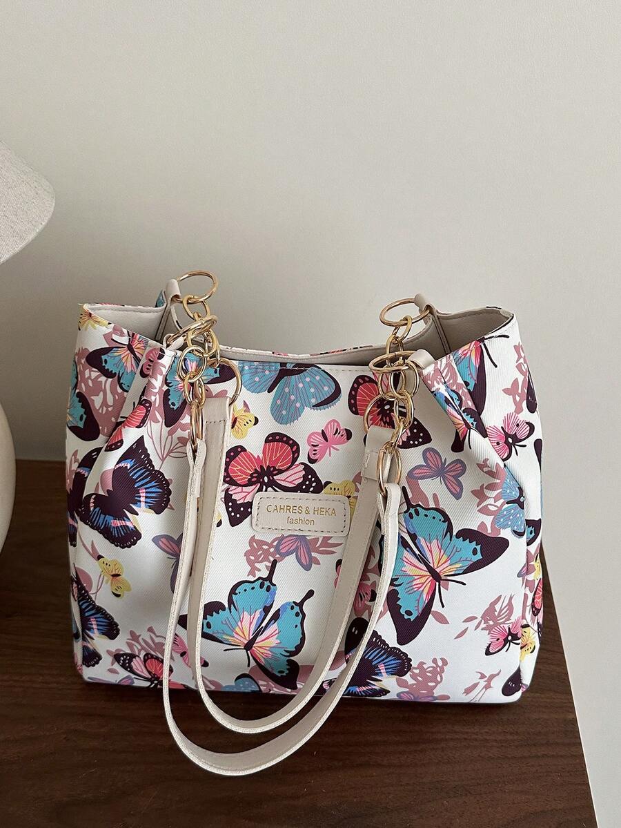 Fashionable Striped Handbag- Women Large Capacity Shoulder Bag- Zipper Tote Bag For Daily Use- Metal Chain Tote Bag- Waterproof Nylon Material Colorful Butterfly Pattern- Back To School Student B