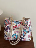 Fashionable Striped Handbag- Women Large Capacity Shoulder Bag- Zipper Tote Bag For Daily Use- Metal Chain Tote Bag- Waterproof Nylon Material Colorful Butterfly Pattern- Back To School Student B