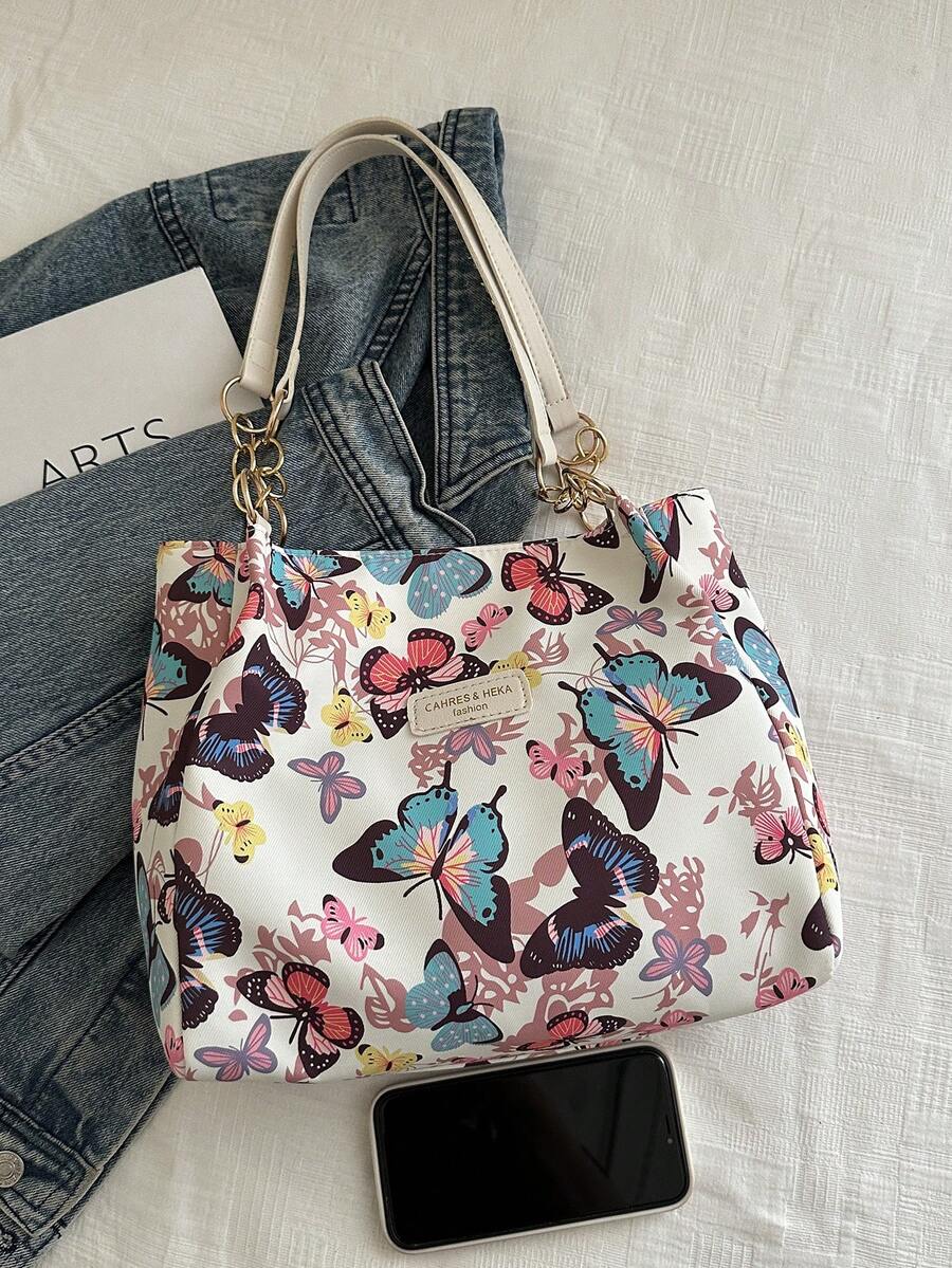 Fashionable Striped Handbag- Women Large Capacity Shoulder Bag- Zipper Tote Bag For Daily Use- Metal Chain Tote Bag- Waterproof Nylon Material Colorful Butterfly Pattern- Back To School Student B